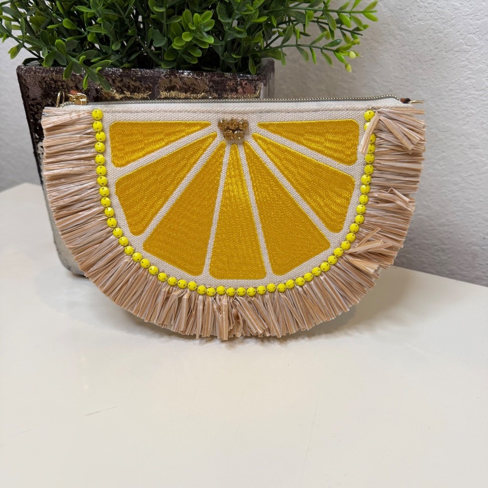 Stella & Dot Lemon Slice Clutch Women Yellow Raffia Fringe Tropical Summer NWOT